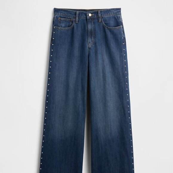 Gap High Rise SuperSoft Studded Wide-Leg Jeans Size 8, Dark Indigo - Picture 1 of 7